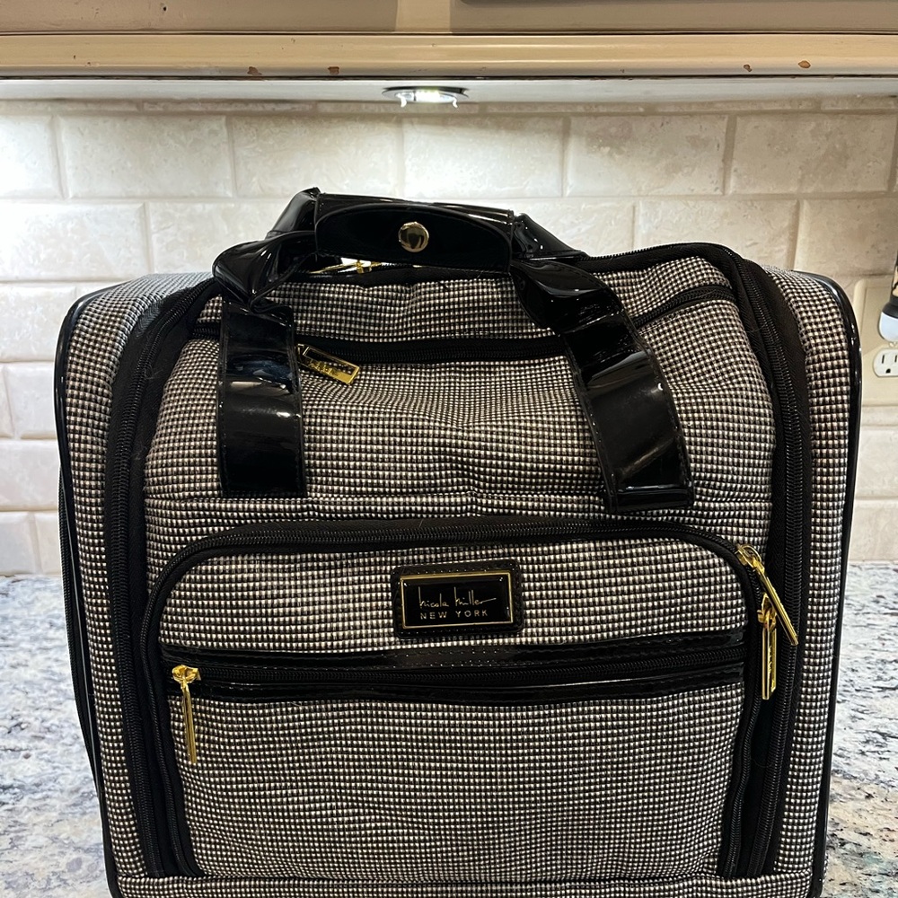 Nicole Miller Black and White Houndstooth Rolling Under Seat/Carry-on Travel Bag